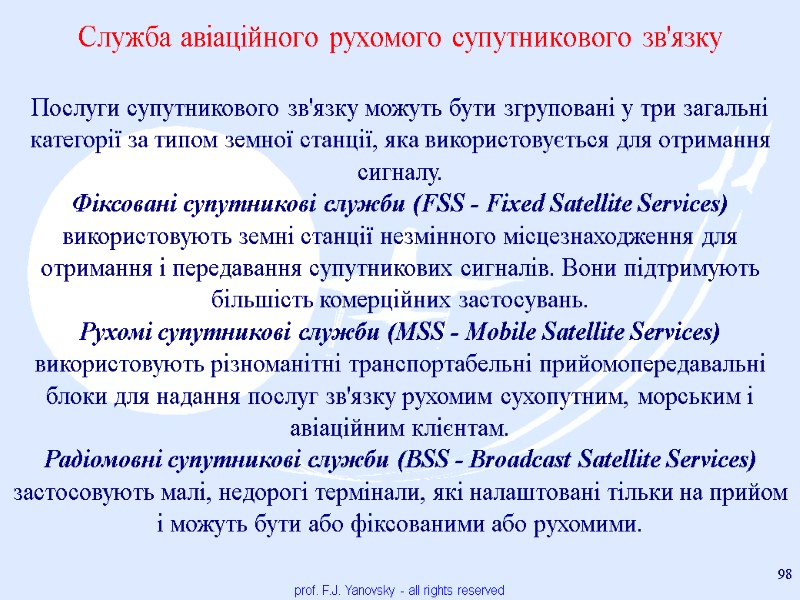 prof. F.J. Yanovsky - all rights reserved 98 Служба авіаційного рухомого супутникового зв'язку Послуги